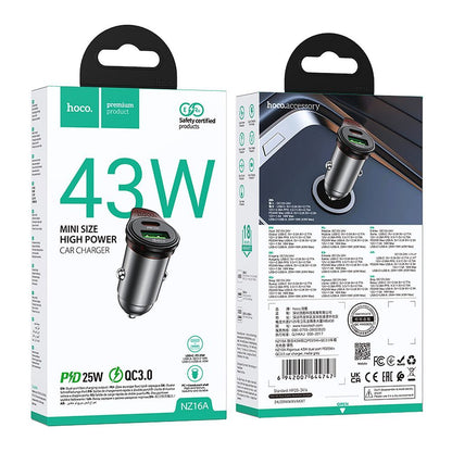 Автомобилен заряден уред HOCO NZ16A, 43W, 3A, 1 x USB-A - 1 x USB-C, Сив