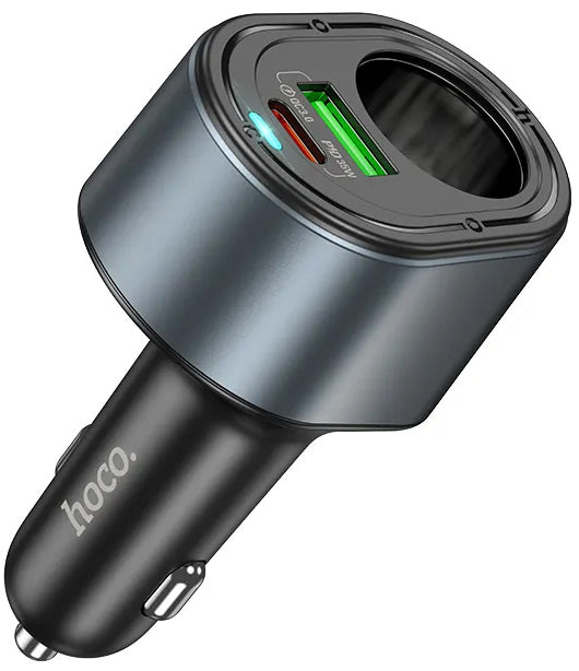 Автомобилен заряден уред HOCO Z56, 35W, 3A, 1 x USB-A - 1 x USB-C - 1 x Удължител за запалка, Черен