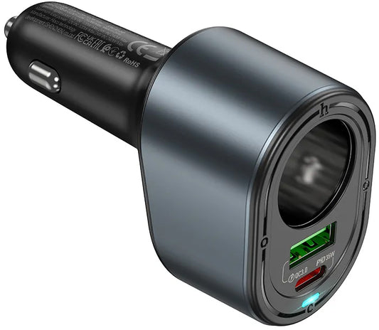 Автомобилен заряден уред HOCO Z56, 35W, 3A, 1 x USB-A - 1 x USB-C - 1 x Удължител за запалка, Черен