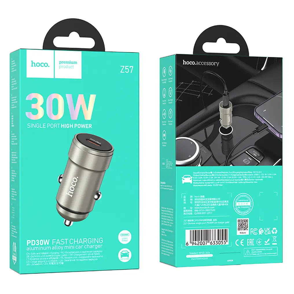Автомобилен зарядно HOCO Z57, 30W, 3A, 1 x USB-C, Сив