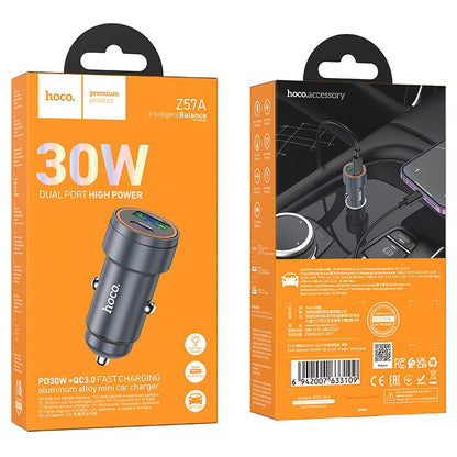 Автомобилен заряден уред HOCO Z57A, 30W, 3A, 1 x USB-A - 1 x USB-C, Сив