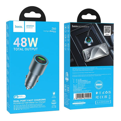 Автомобилен заряден уред HOCO Z60, 48W, 3A, 1 x USB-A - 1 x USB-C, Черен
