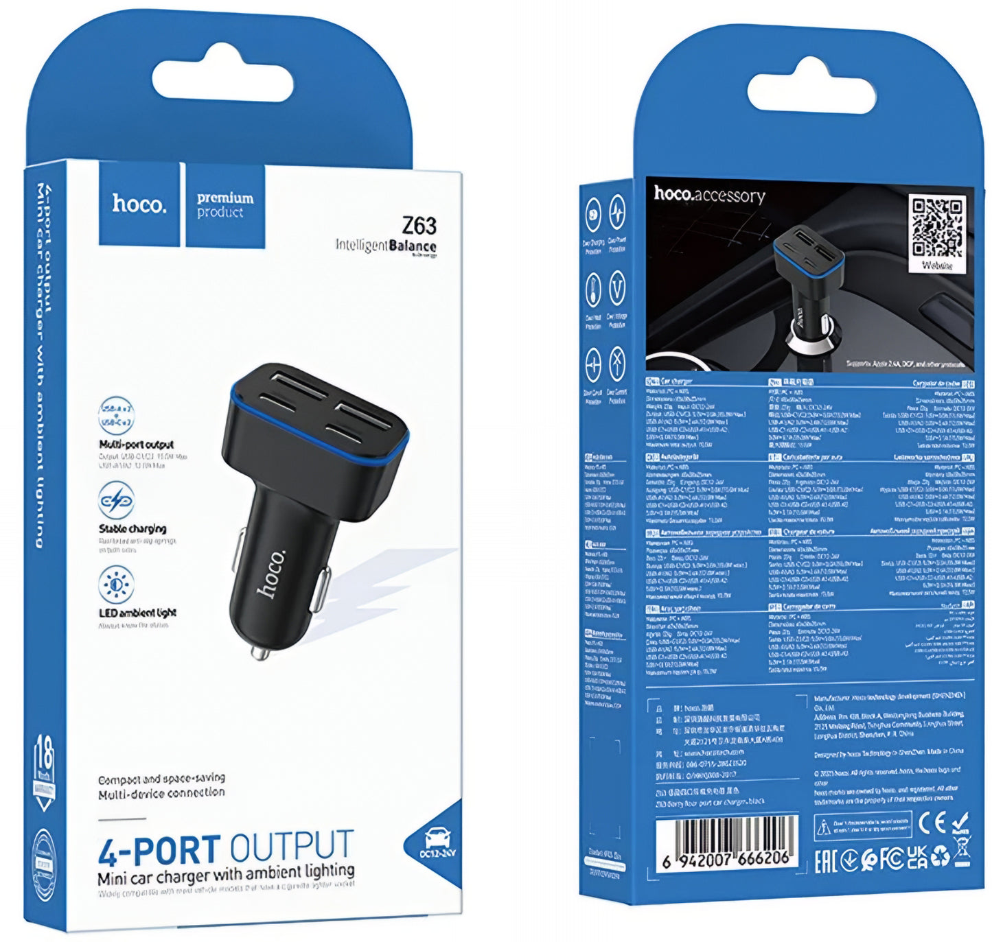 Автомобилен заряден уред HOCO Z63, 42W, 3A, 2 x USB-A - 2 x USB-C, Черен