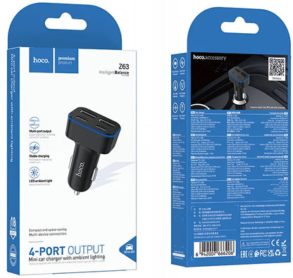 Автомобилен заряден уред HOCO Z63, 42W, 3A, 2 x USB-A - 2 x USB-C, Черен