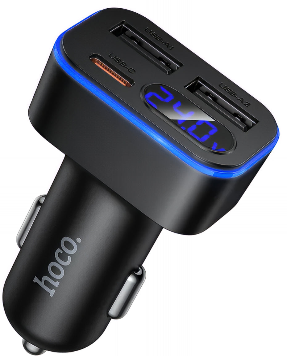 Автомобилен заряден уред HOCO Z63A Display, 42W, 3A, 1 x USB-C - 2 x USB-A, Черен