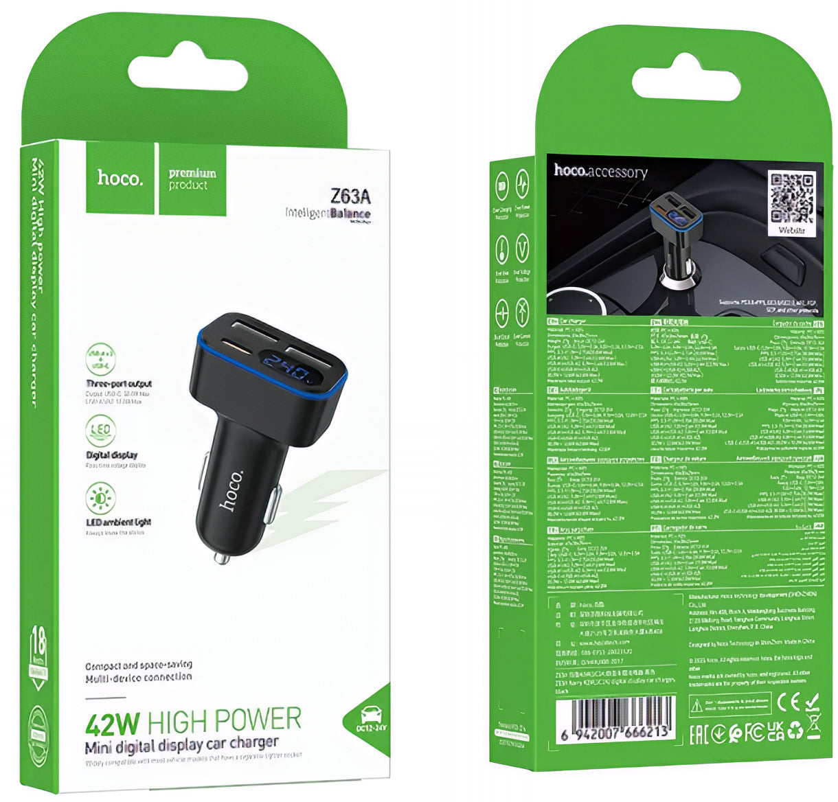 Автомобилен заряден уред HOCO Z63A Display, 42W, 3A, 1 x USB-C - 2 x USB-A, Черен