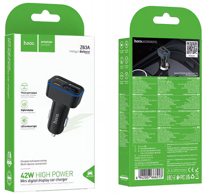 Автомобилен заряден уред HOCO Z63A Display, 42W, 3A, 1 x USB-C - 2 x USB-A, Черен