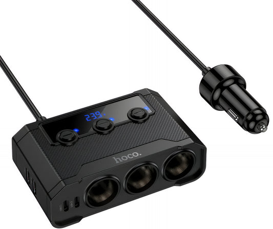 Автомобилен заряден уред HOCO Z64, 15.5W, 3.1A, 2 x USB-A - 2 x USB-C - 3 x Удължител за запалка, Черен