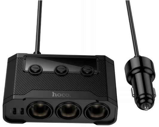 Автомобилен заряден уред HOCO Z64, 15.5W, 3.1A, 2 x USB-A - 2 x USB-C - 3 x Удължител за запалка, Черен