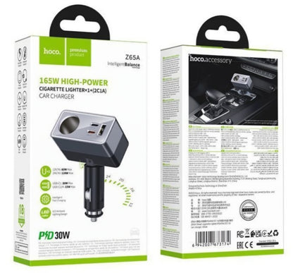 Автомобилен зарядно HOCO Z65A, 165W, 3A, 1 x Разклонител за запалка - 1 x USB-A - 2 x USB-C, Черен