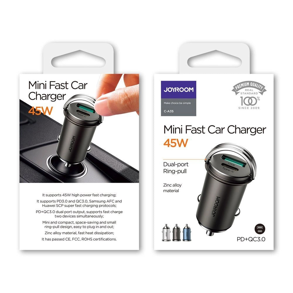Автомобилен заряден уред Joyroom C-A35, 45W, 5A, 1 x USB-A - 1 x USB-C, Сив