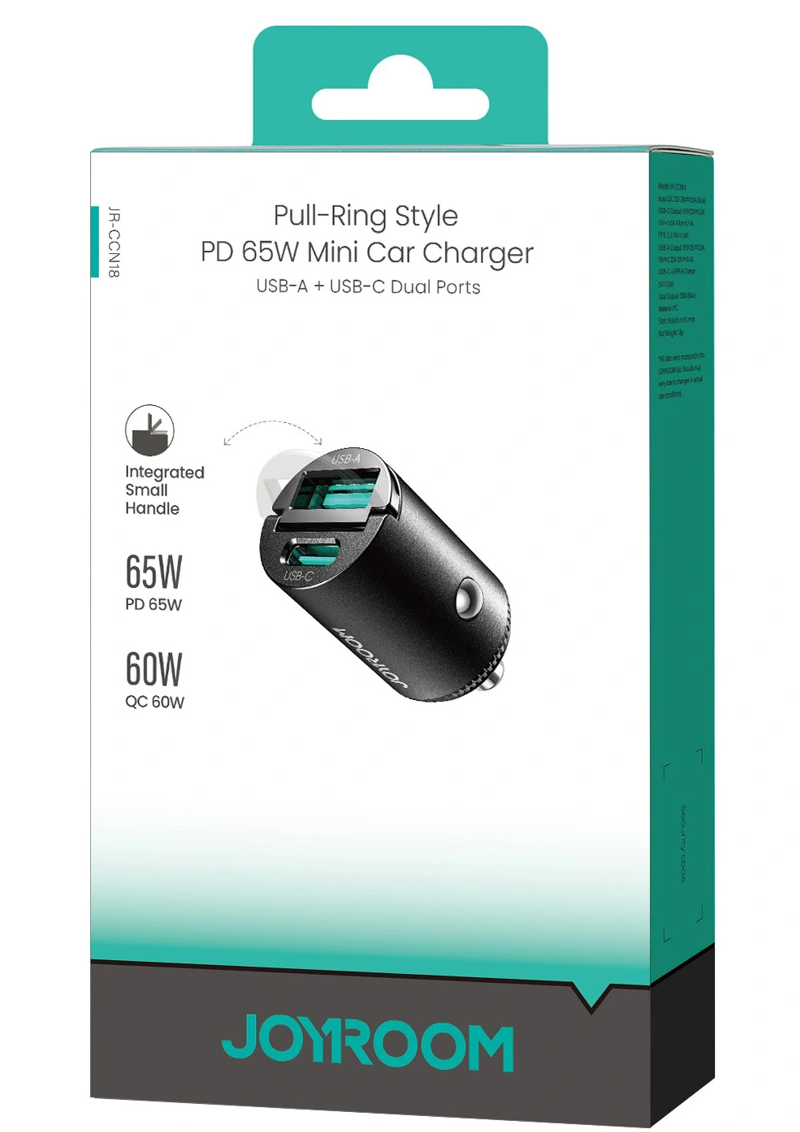 Автомобилен зарядно Joyroom JR-CCN18, 65W, 1 x USB-A - 1 x USB-C, Черен
