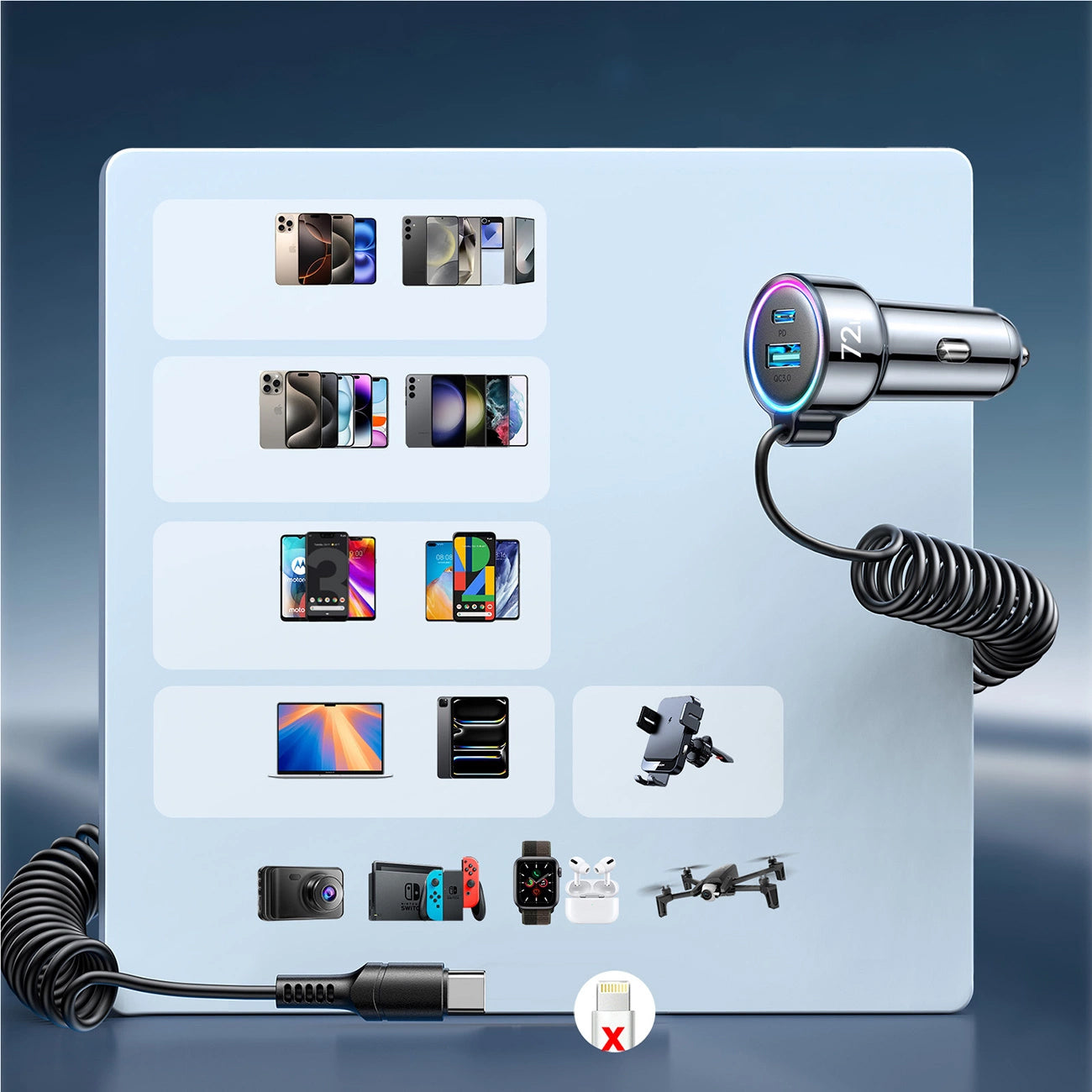 Автомобилен заряден уред с кабел USB-C Joyroom JR-CL07, 72W, 3A, 1 x USB-A - 1 x USB-C, Черен