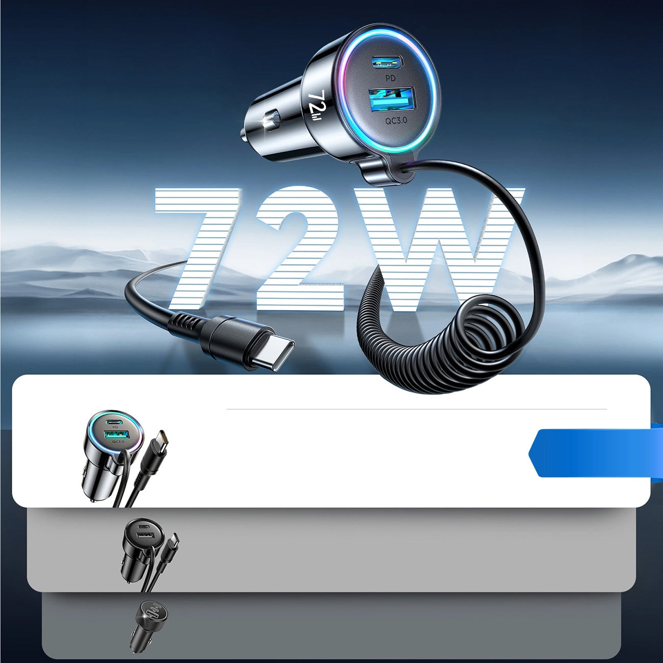 Автомобилен заряден уред с кабел USB-C Joyroom JR-CL07, 72W, 3A, 1 x USB-A - 1 x USB-C, Черен