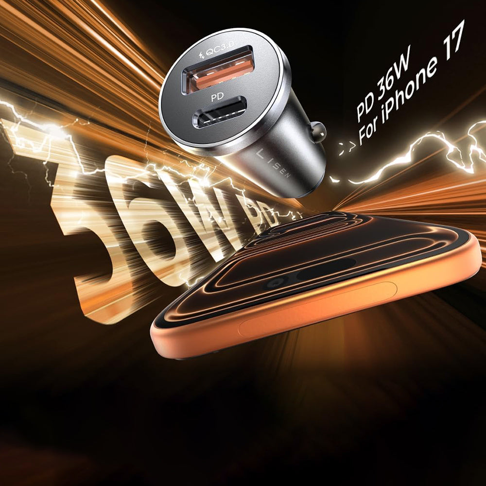 Lisen Car Charger, 36W, 3A, 1 x USB-A - 1 x USB-C, Black YL0223090002