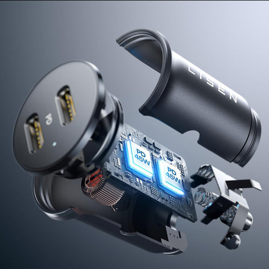 Автомобилен заряден уред Lisen, 45W, 3A, 2 x USB-C, Черен YL0223080007