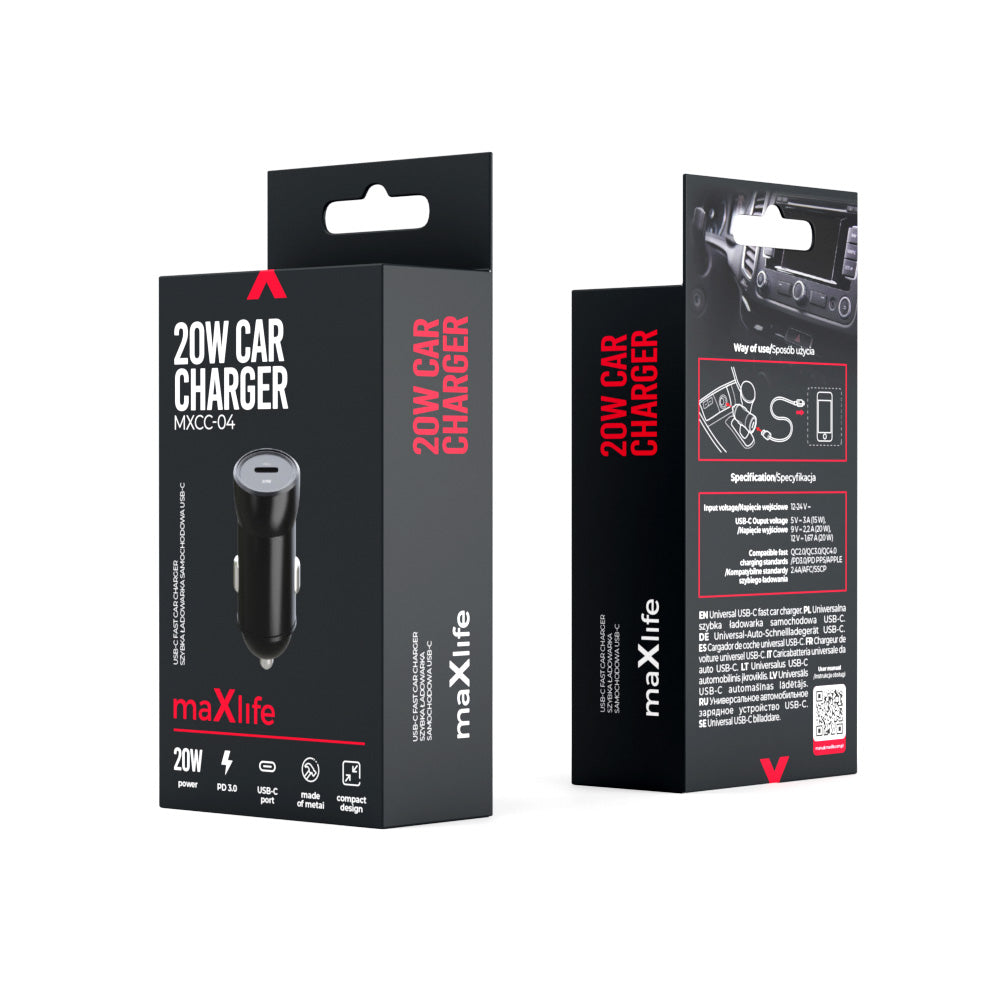 Автомобилен заряден уред MaXlife MXCC-04, 20W, 3A, 1 x USB-C, Черен