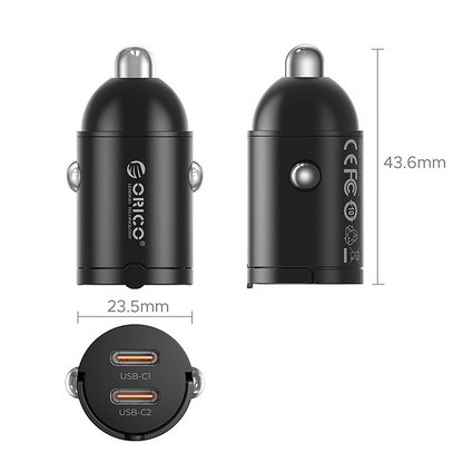 Автомобилен зарядно Orico MiniRing, 30W, 3A, 2 x USB-C, Черен