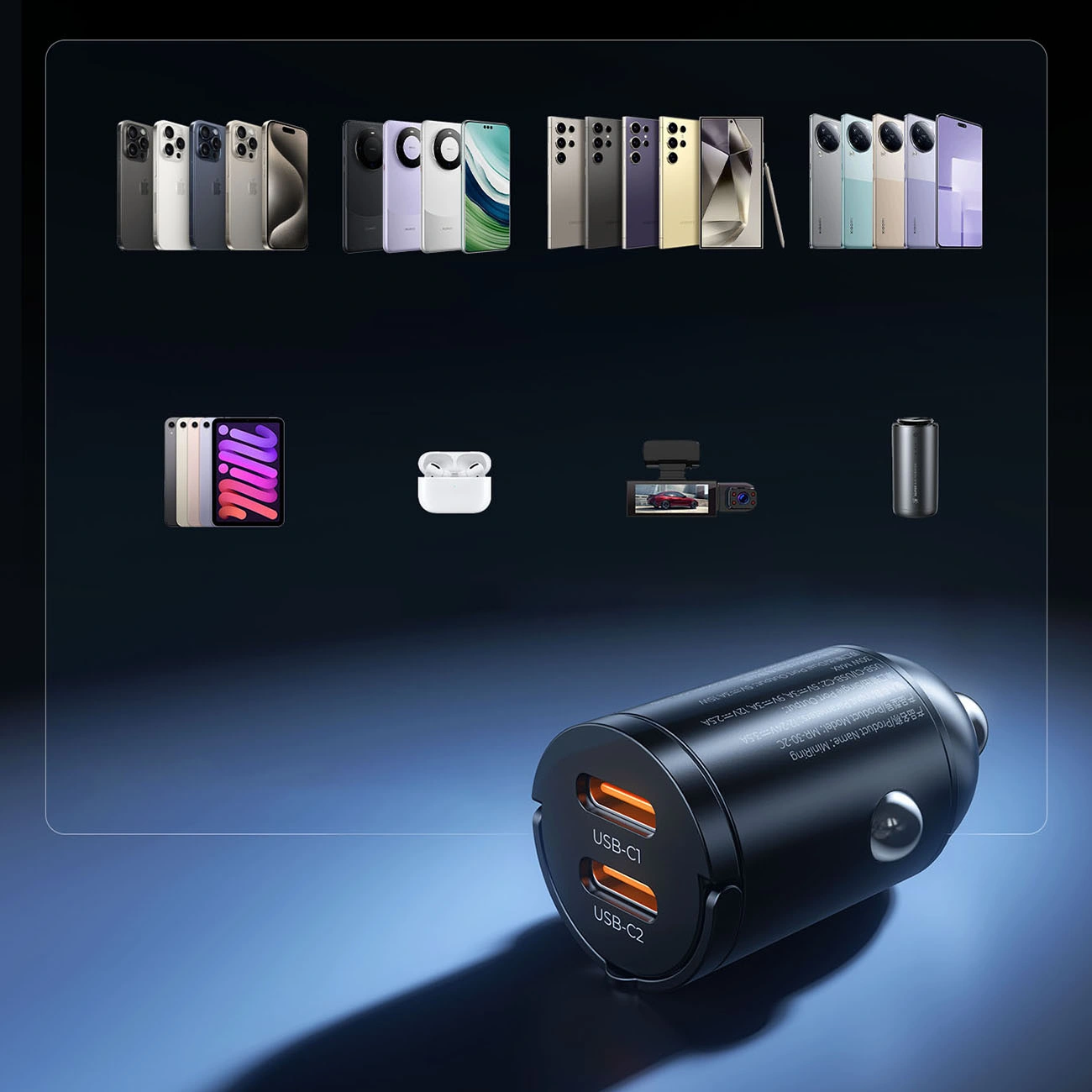 Автомобилен зарядно Orico MiniRing, 30W, 3A, 2 x USB-C, Черен