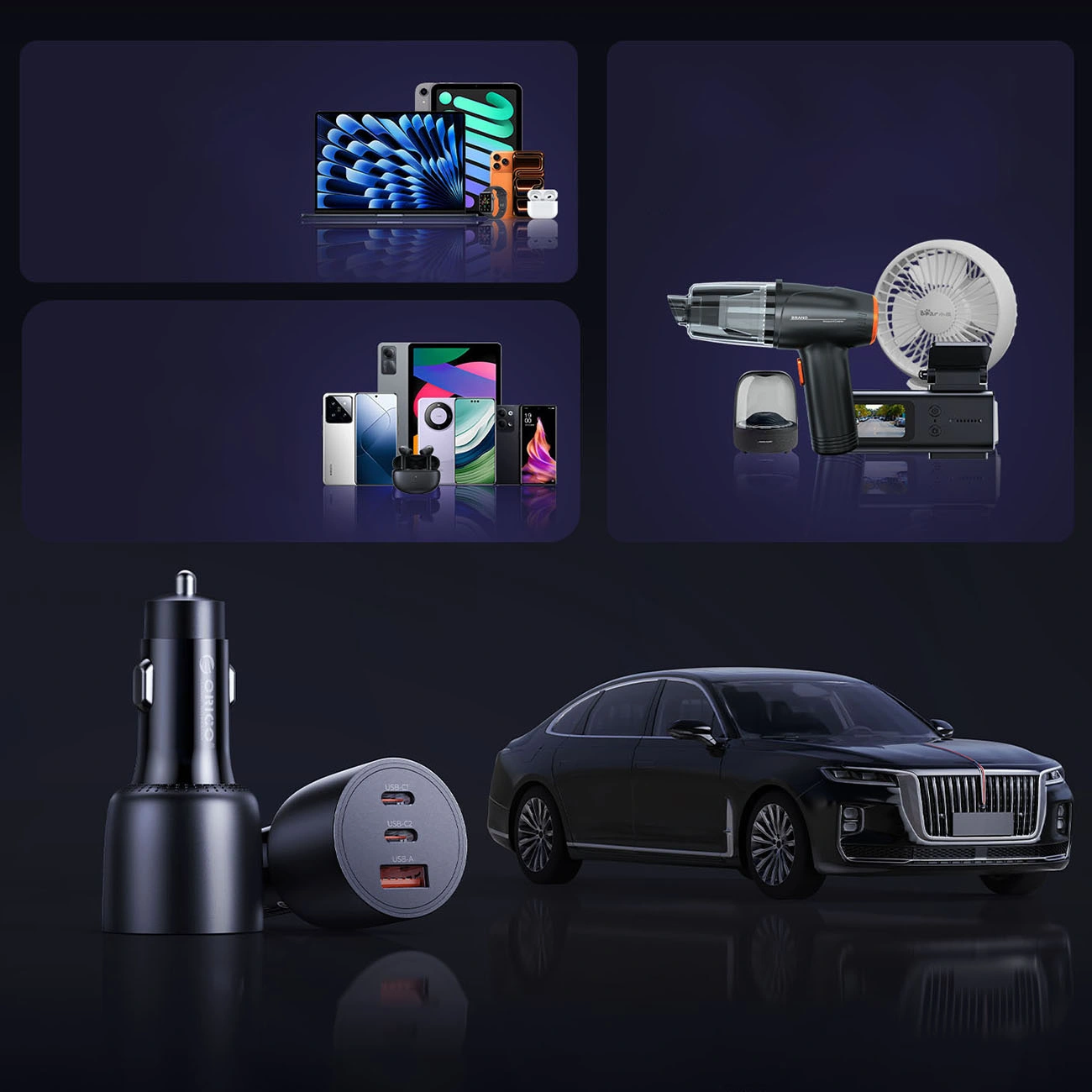 Авто зарядно Orico PowerLink, 165W, 5A, 1 x USB-A - 2 x USB-C, Черно