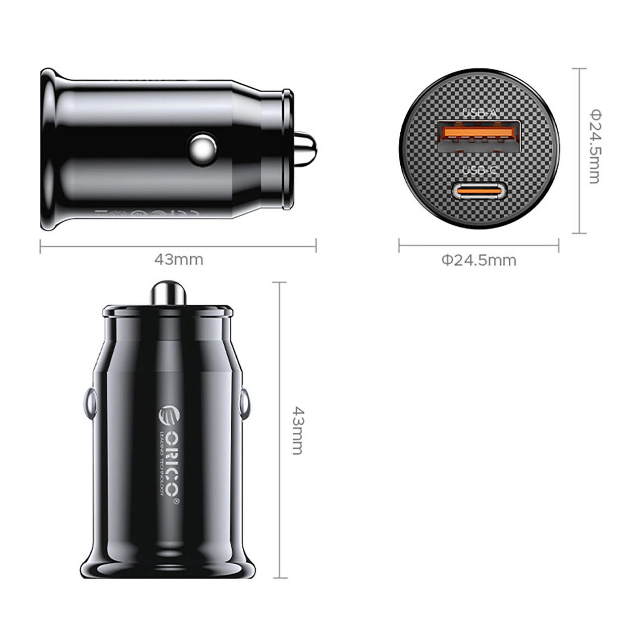 Автомобилен зарядно Orico PowerMini, 30W, 3A, 1 x USB-A - 1 x USB-C, Черен