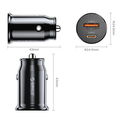 Автомобилен зарядно Orico PowerMini, 30W, 3A, 1 x USB-A - 1 x USB-C, Черен