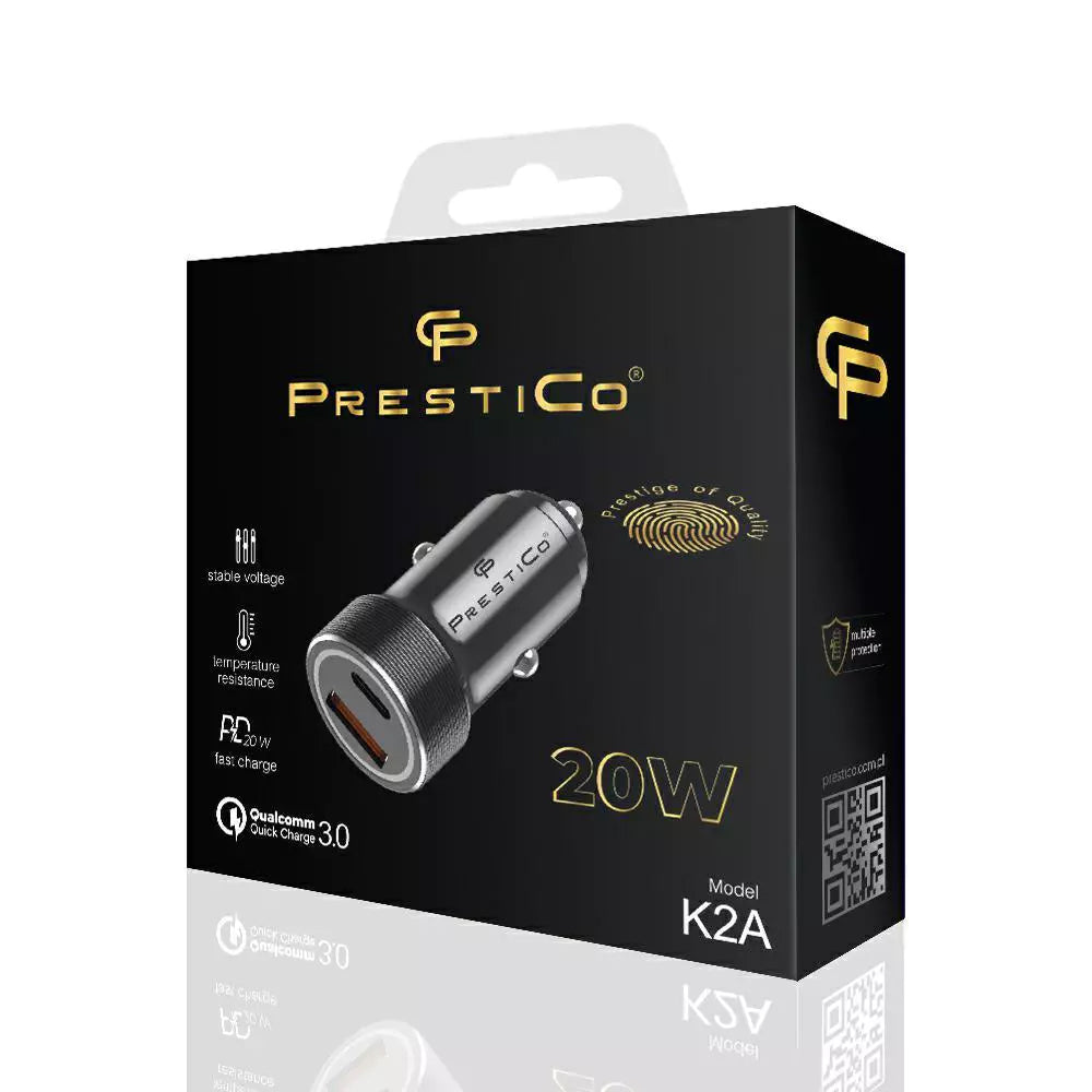 Автомобилен заряден уред Prestico K2A, 20W, 3A, 1 x USB-A - 1 x USB-C, Черен