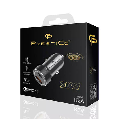 Автомобилен заряден уред Prestico K2A, 20W, 3A, 1 x USB-A - 1 x USB-C, Черен