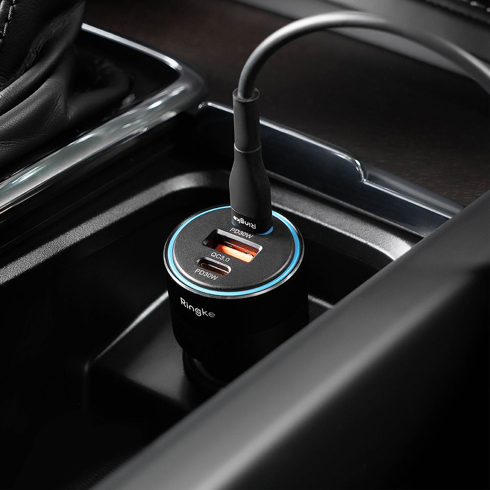 Автомобилен заряден уред Ringke, 30W, 3A, 1 x USB-A - 2 x USB-C, Черен
