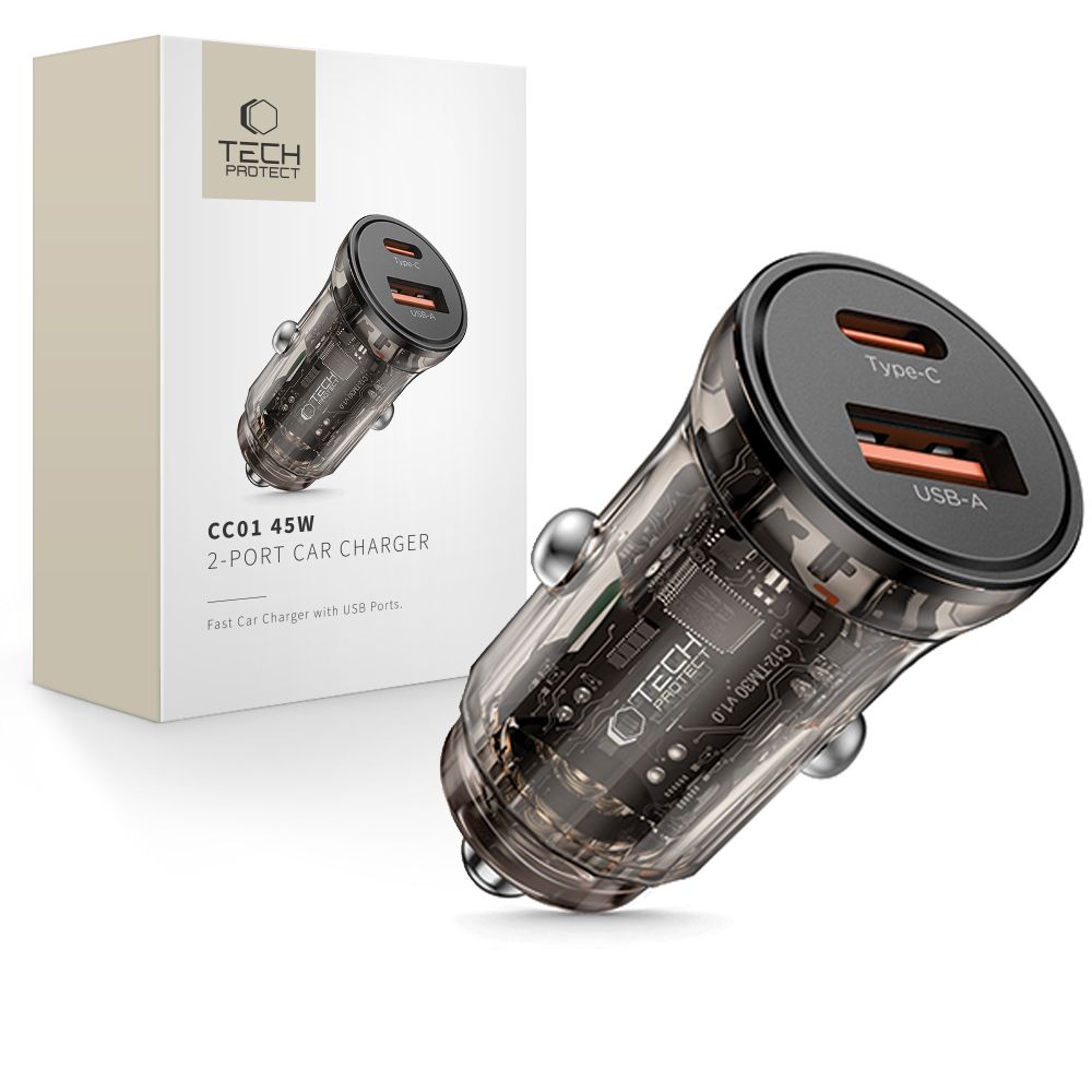 Tech-Protect CC01 Car Charger, 45W, 5A, 1 x USB-A - 1 x USB-C, Black