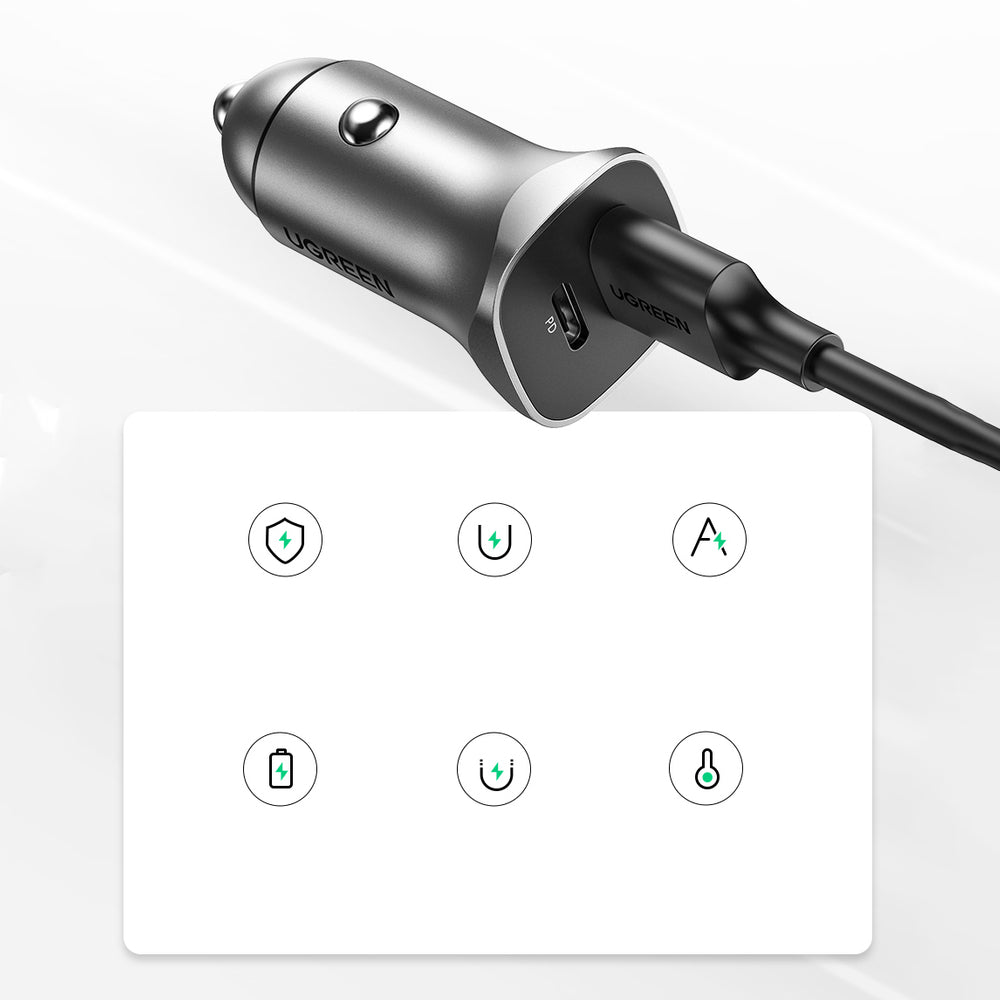 Автомобилен заряден уред UGREEN CD130, 24W, 3A, 1 x USB-A - 1 x USB-C, Сив