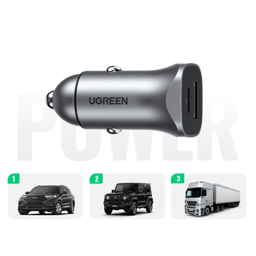 Автомобилен заряден уред UGREEN CD130, 24W, 3A, 1 x USB-A - 1 x USB-C, Сив