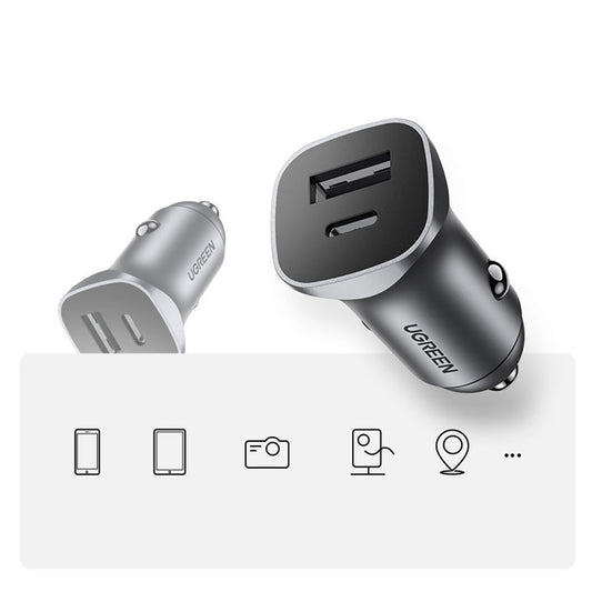 Автомобилен заряден уред UGREEN CD130, 24W, 3A, 1 x USB-A - 1 x USB-C, Сив