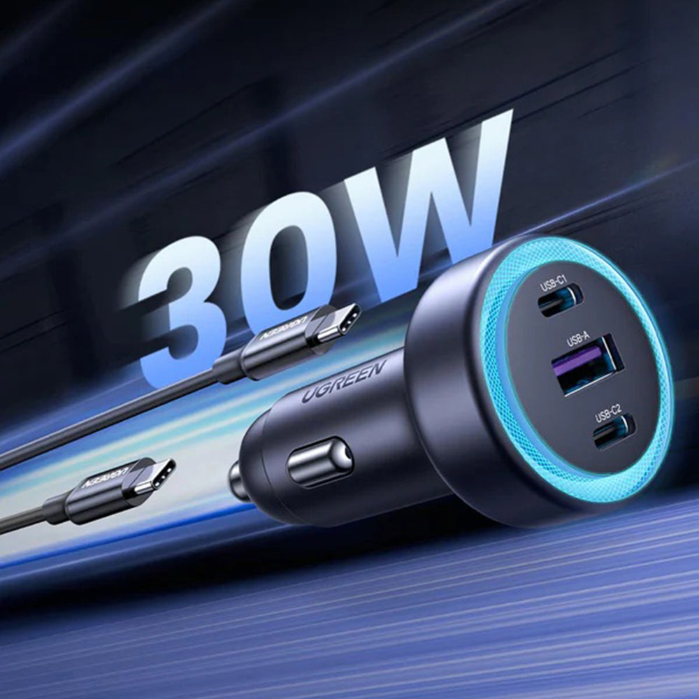Автомобилен заряден уред UGREEN EC307, 30W, 3A, 1 x USB-A - 2 x USB-C, Сив