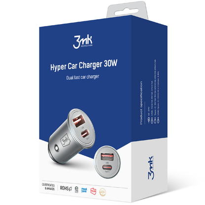 Зарядно за кола 3MK HyperCharger, 30W, 5A, 1 x USB-A - 1 x USB-C, сребристо