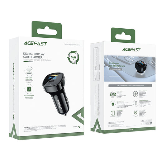 Автомобилен заряден уред Acefast B4, 66W, 3A, 1 x USB-A - 1 x USB-C, Черен