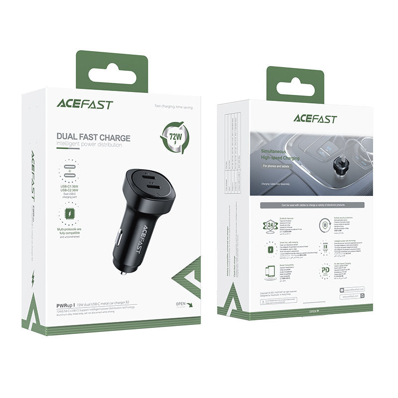 Автомобилен заряден уред Acefast B2, 72W, 3A, 2 x USB-C, Черен