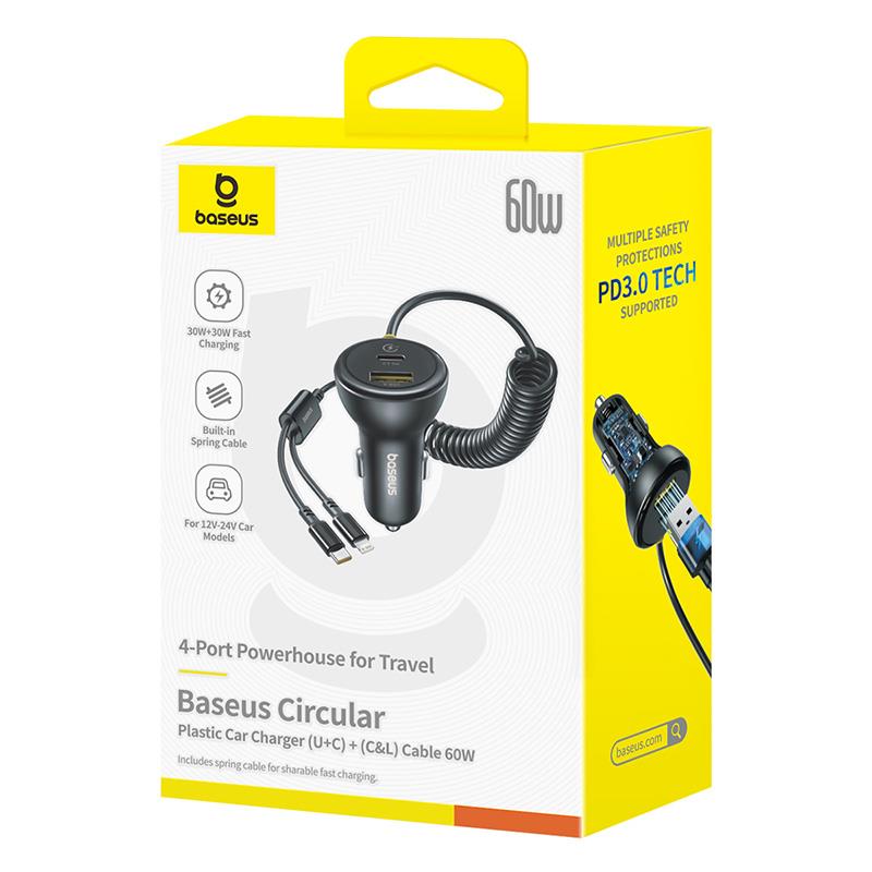 Автомобилен заряден уред с кабел USB-C / Lightning Baseus Circular, 60W, 3A, 1 x USB-A - 1 x USB-C, Черен C00035902121-00