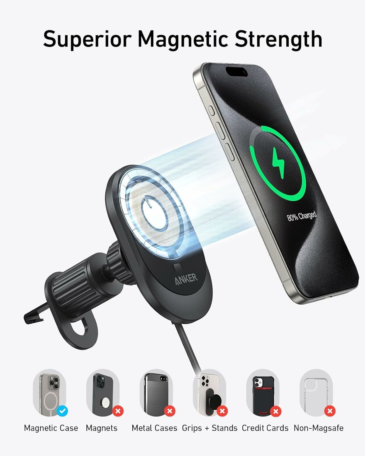 Автомобилен безжичен заряден уред Anker MagGo, 15W, 1.67A, Черен B2932G11