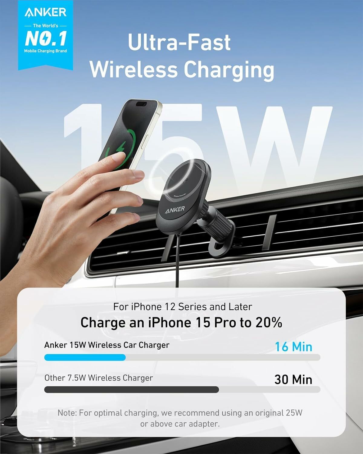 Автомобилен безжичен заряден уред Anker MagGo, 15W, 1.67A, Черен B2932G11