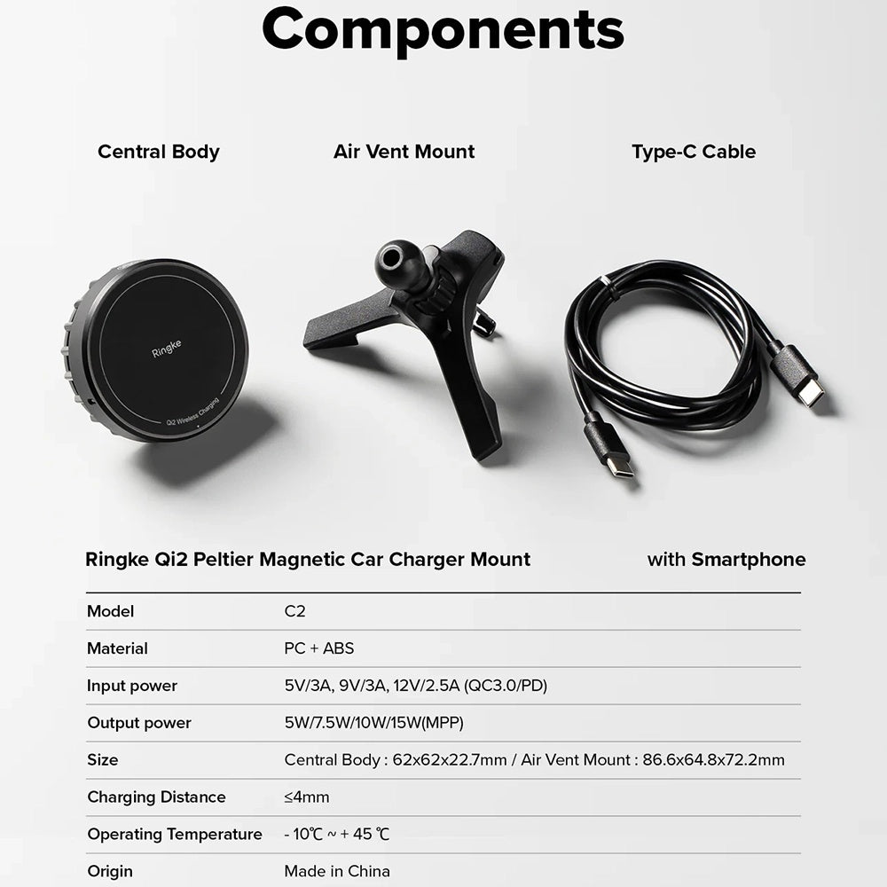 Безжично авто зарядно устройство Ringke, 15W, 1.67A, Черно