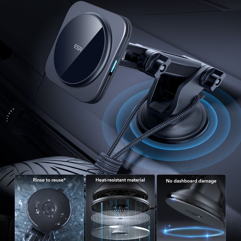 Безжично авто зарядно ESR Halolock Dash, 15W, 1.67A, Черно