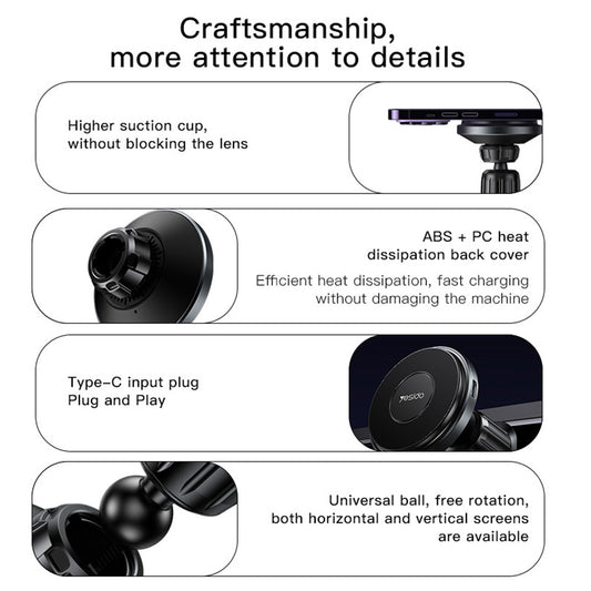 Безжично автомобилно зарядно Yesido C190, 15W, 1.67A, Черно