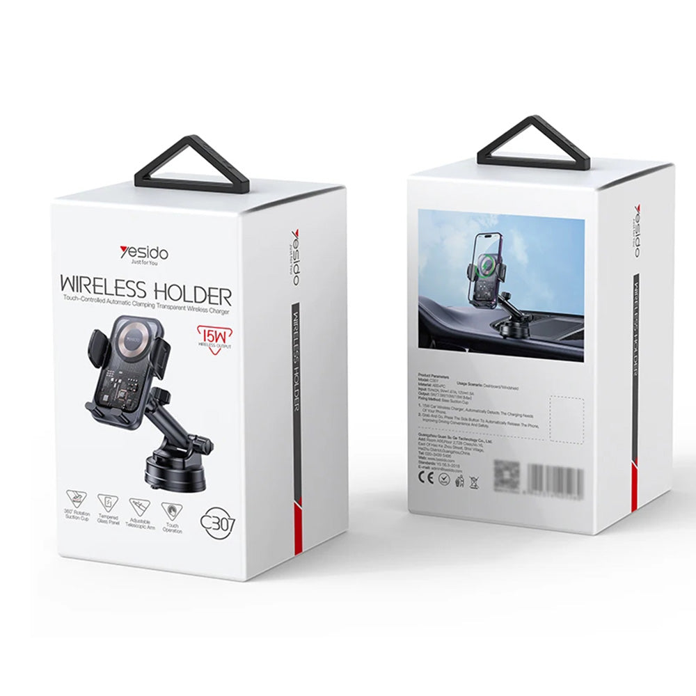 Безжично автомобилно зарядно Yesido C307, 15W, 1.67A, Черно