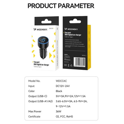 Зарядно за кола WZK WDCCAC, 36W, 3A, 1 x USB-A - 1 x USB-C, черно 