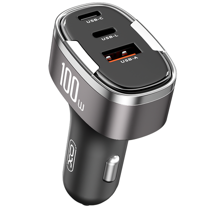 XO Design CC61 Car Charger, 100W, 3A, 1 x Lightning - 1 x USB-A - 1 x USB-C, Gray