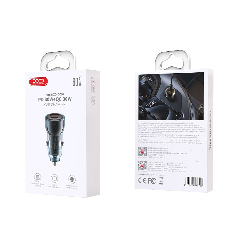 Автомобилен заряден уред XO Design CC60, 60W, 3A, 1 x USB-A - 1 x USB-C, Син