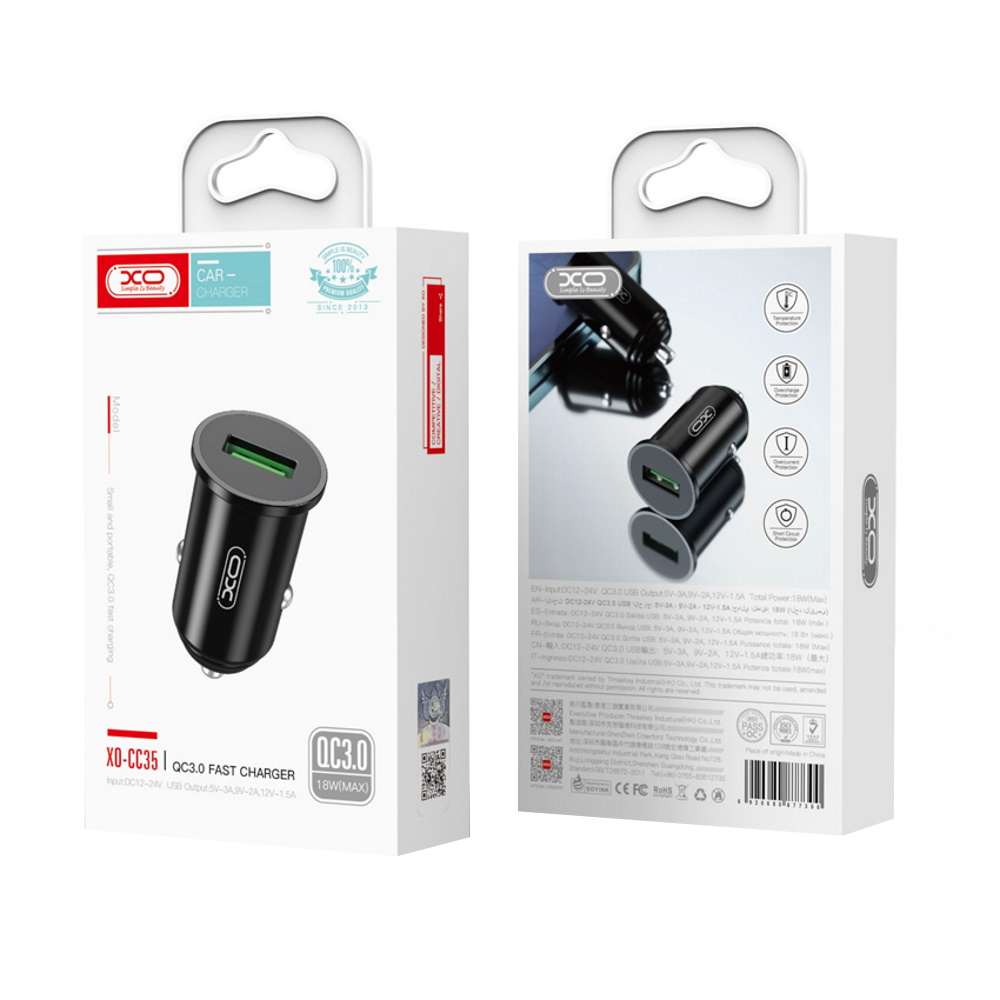 XO Design CC35 Car Charger, 18W, 3A, 1 x USB-A, Black