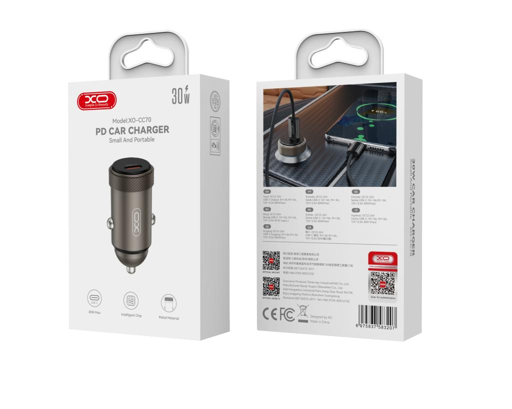 Автомобилен заряден уред XO Design CC70, 30W, 3A, 1 x USB-C, Черен