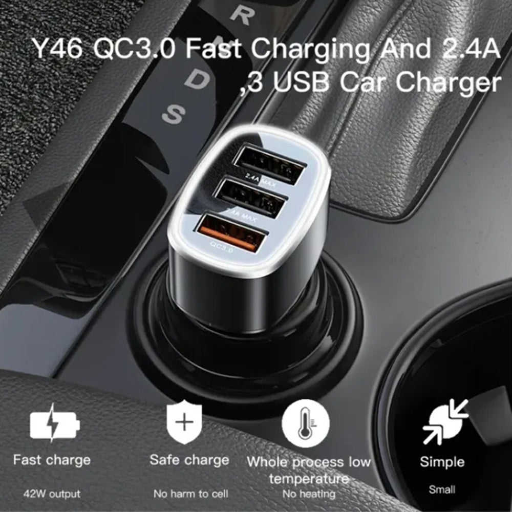 Автомобилен заряден уред Yesido Y46, 42W, 3A, 3 x USB-A, Черен